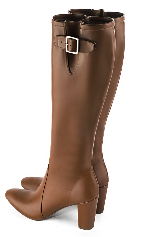 Caramel brown women's knee-high boots with buckles. Round toe. High block heels. Made to measure. Rear view - Florence KOOIJMAN